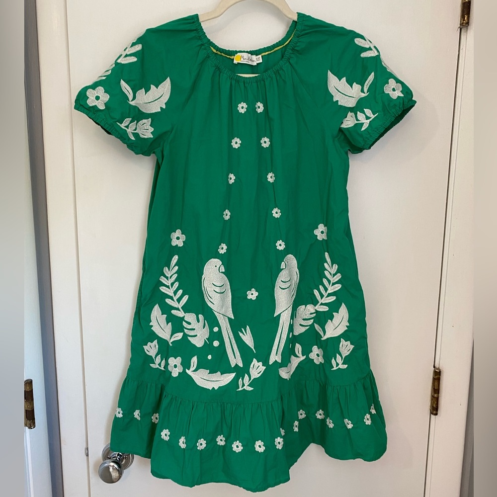 Mini Boden Green Embroidered Bird dress 100% cotton, size 11-12